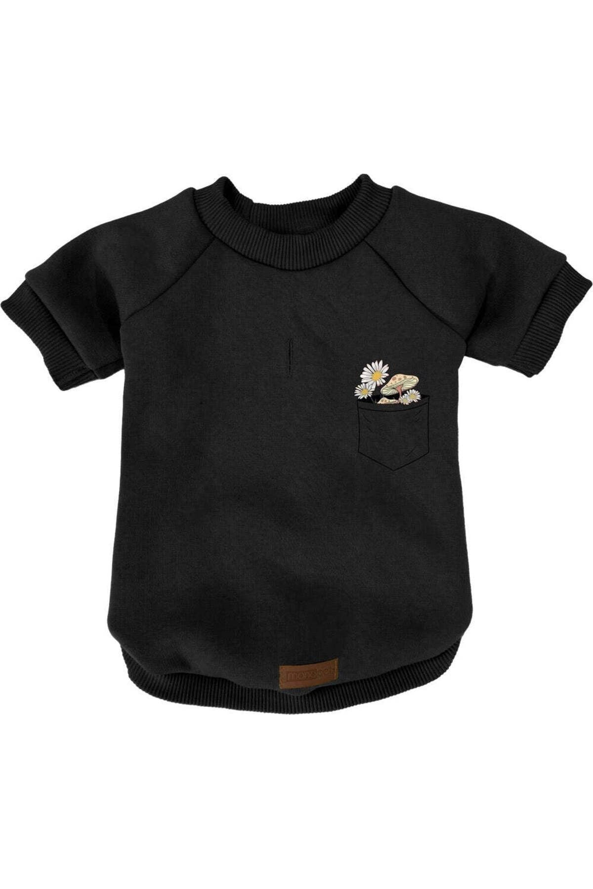 Kedi ve Köpek Kıyafeti & Elbisesi - Siyah Sweatshirt Çiçekli Cep