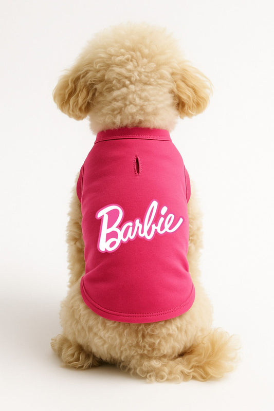 %100 Pamuk Kedi ve Köpek Kıyafeti - Barbie Baskılı Pembe Basic Atlet