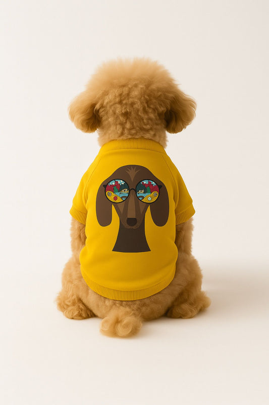Kedi ve Köpek Kıyafeti & Elbisesi - Sarı Sweatshirt Manzara Gözlüklü Köpek