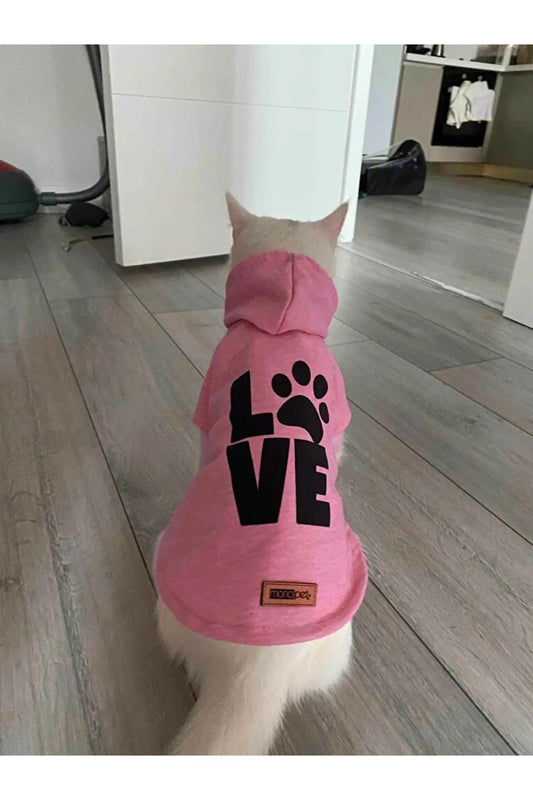 Kapüşonlu Sweatshirt Köpek Ve Kedi Kıyafeti Pembe Love