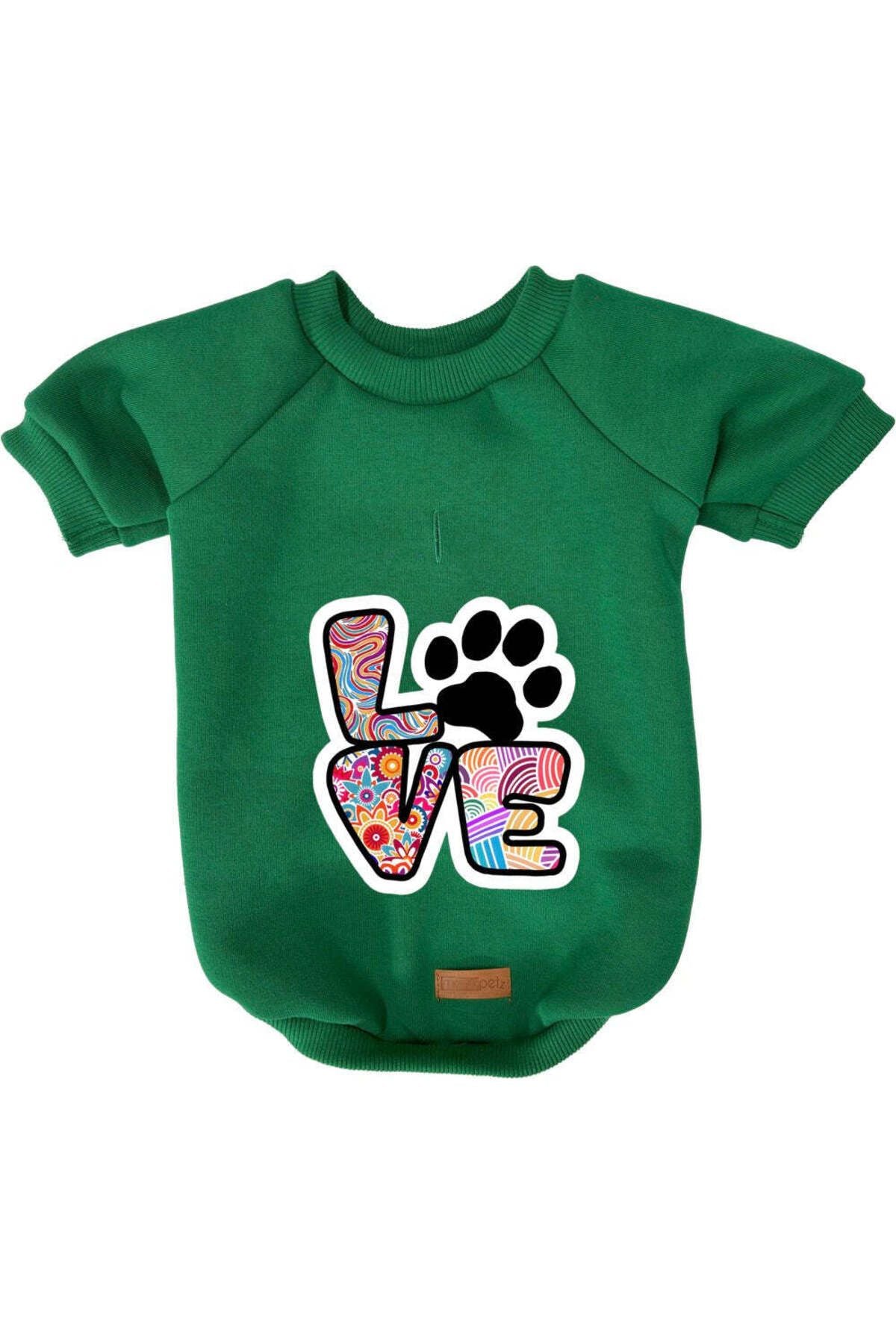 Kedi ve Köpek Kıyafeti & Elbisesi - Yeşil Sweatshirt Renkli Love
