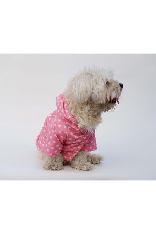 Kedi ve Köpek Kıyafeti & Elbisesi & Yağmurluğu - Pembe Kalp Baskılı Fileli Yağmurluk
