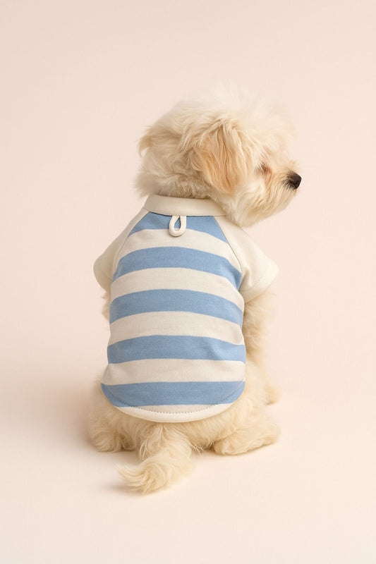 %100 Pamuk Kedi ve Köpek Kıyafeti - Mavi Beyaz Çizgili Basic T-Shirt