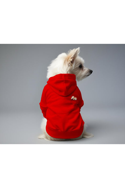 Kedi ve Köpek Kıyafeti & Elbisesi - Kırmızı Hoodie Çiçekli Cep