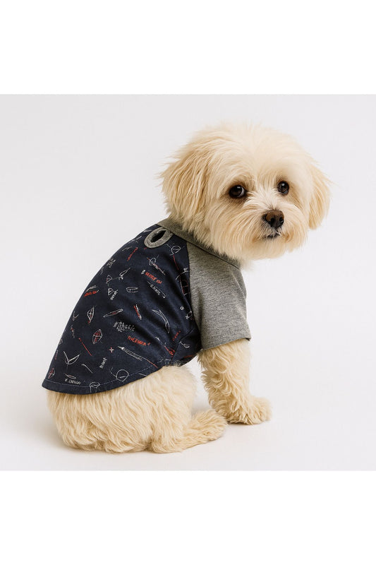 %100 Pamuk Kedi ve Köpek Kıyafeti - Lacivert Geo Desenli Basic T-Shirt